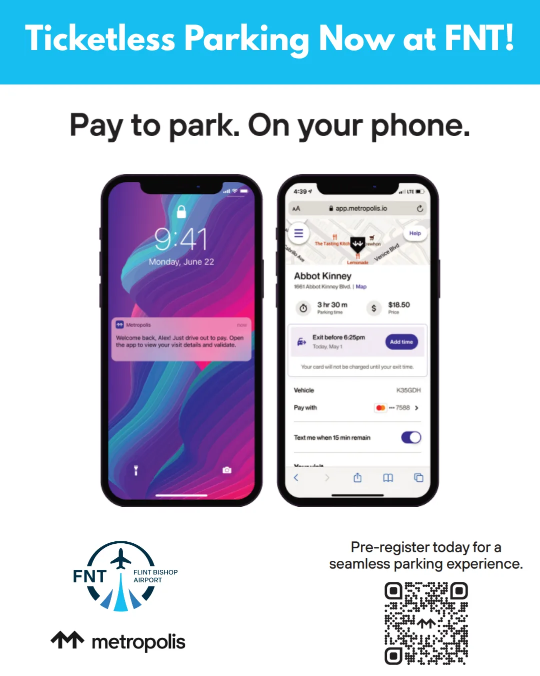Pay to park. Ony our phone. Sign up once for contactless payment starting October 1, 2025. Pre-register today for a seamless parking experience at https://app.metropolis.io/sign-in